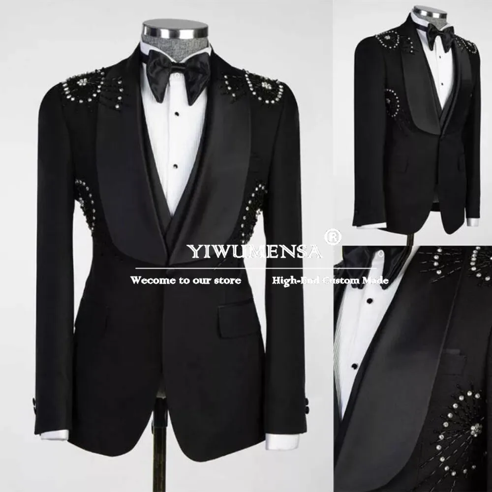 Handmade Pipe Bead Drill Suits Men Slim Fit Groom Formal Party Wedding Tuxedos Customized 3 Piece Man Business Costume Homme