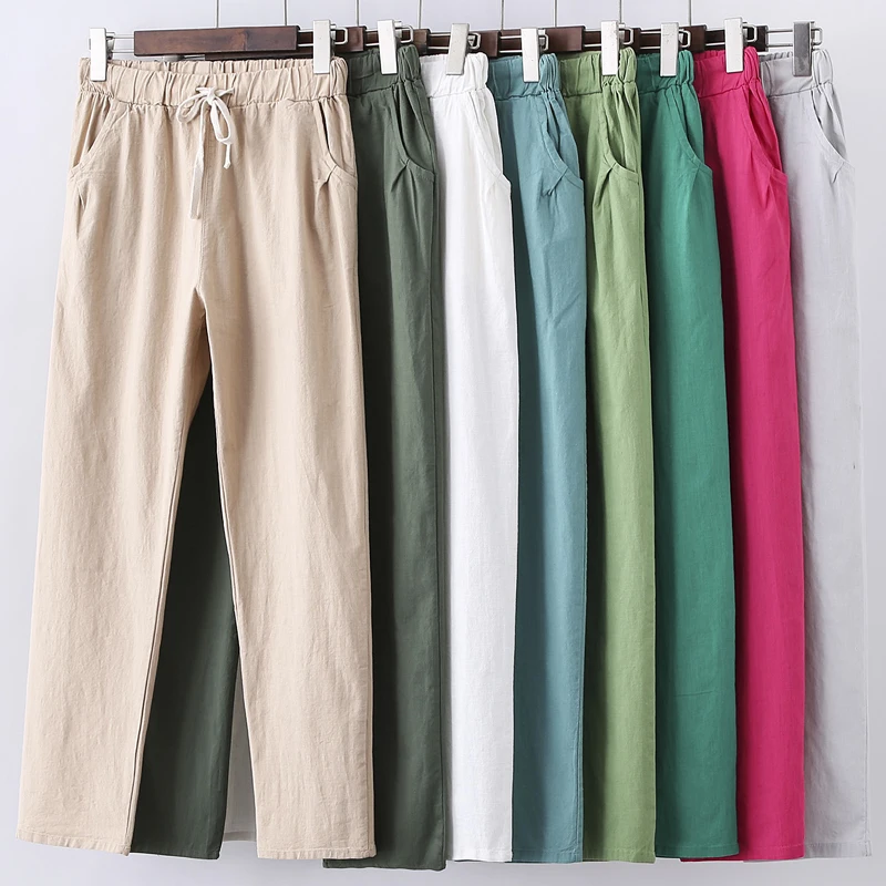 

Autumn Casual Cotton Linen Trousers Summer Pants Fashion Women Solid Loose Straight Harem Pants Elastic Waist Pants 28400