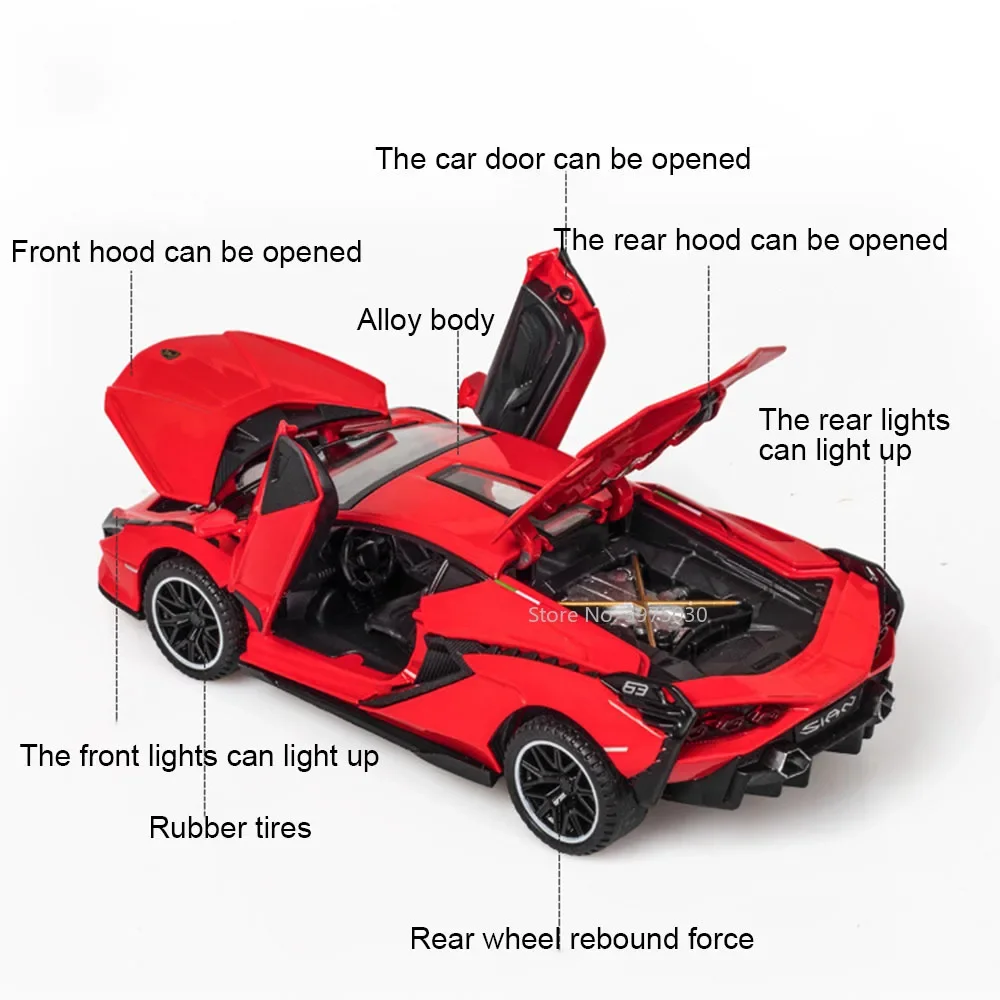 1:32 Lambor SIAN Car Model Toy Alloy Diecast Toy Vehicle Sound Light Pull Back Lifting Tail Supercar Collecting Hobbie Kids Gift