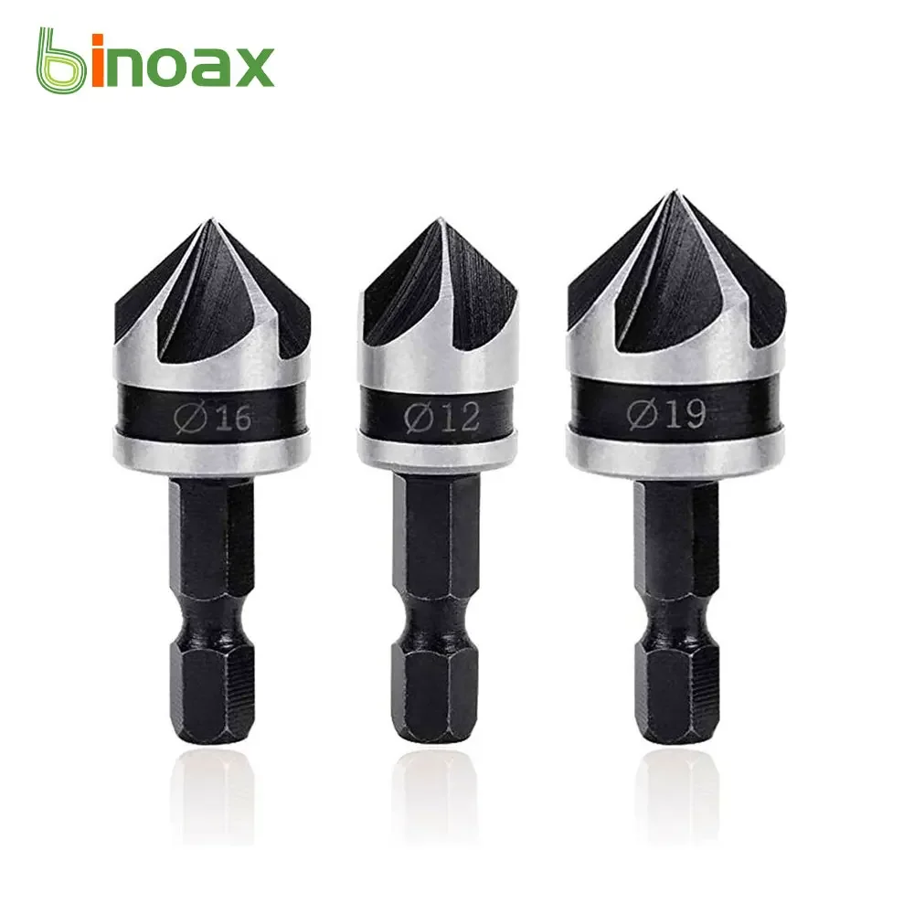 

Binoax 82/90 Degrees Chamfer Drill Bit Set 5 Flutes 12/16/19mm Countersink Bore Set