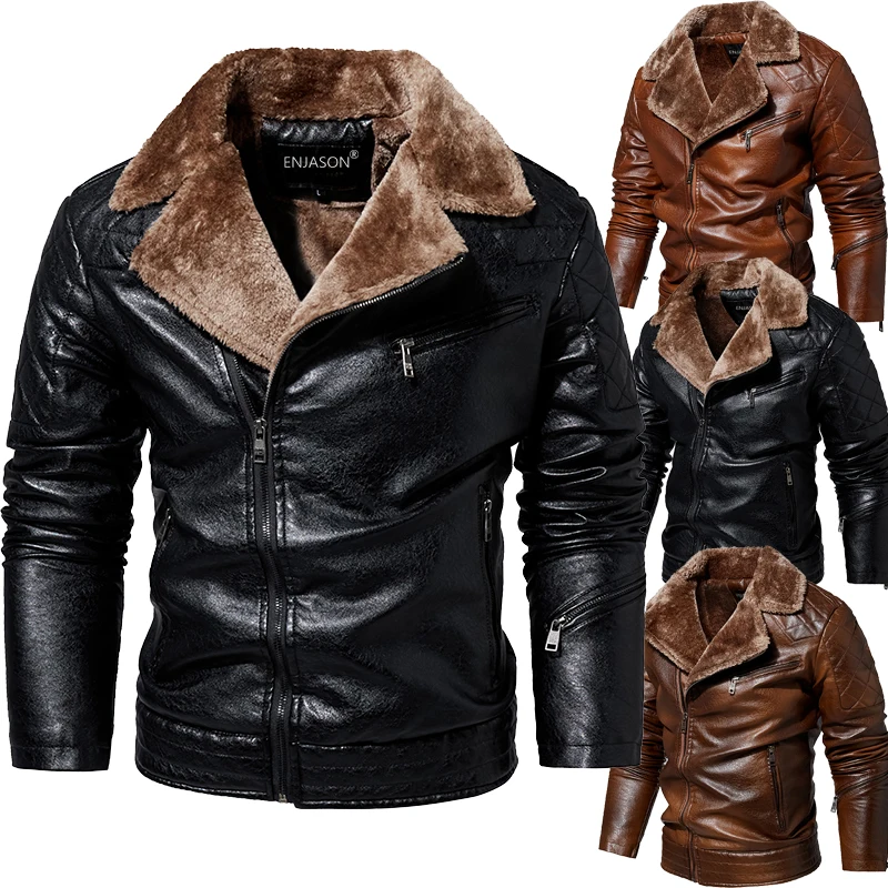 

Winter Thickened Fleece Lined Men's Biker Jacket Soft Leather Casual Vintage Collar Fashionable Urban Short Style