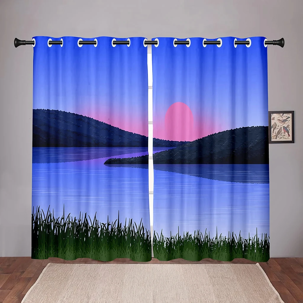 2PiecesNature Landscape Sunset Sea Blackout Window Curtains for Bedroom Living Room Bathroom Kicthen Door Hall High Shading New