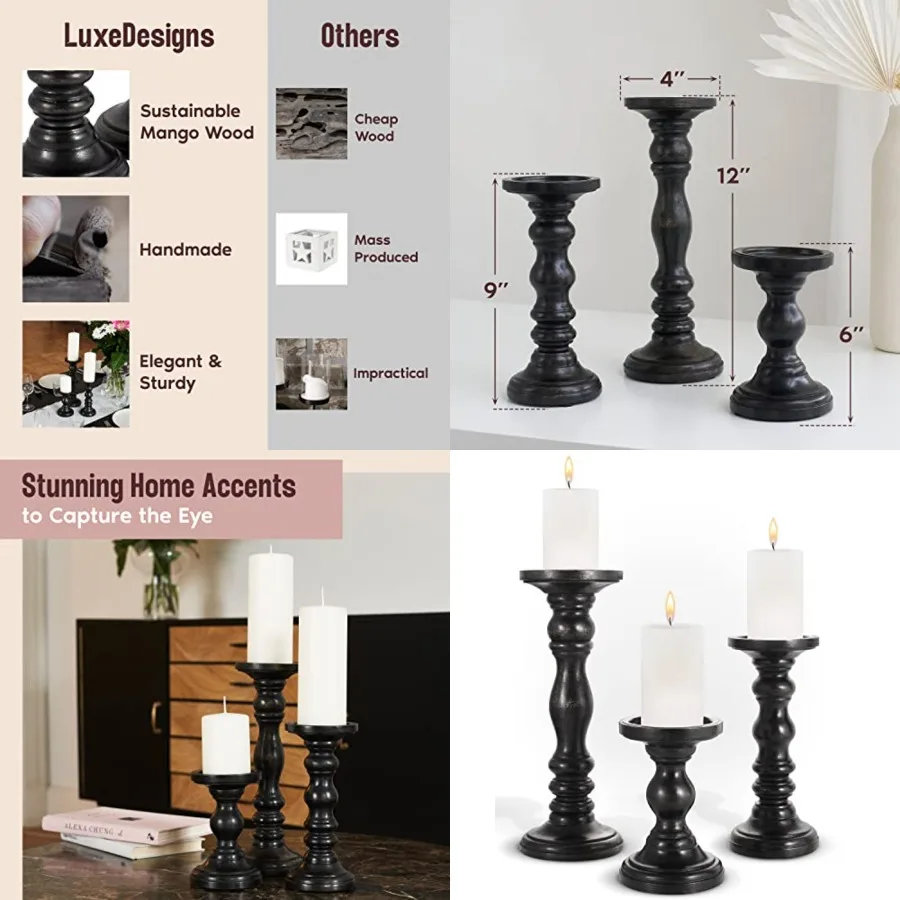

Large Candle Holders for Pillar Candles - Decorative Rustic Centerpiece Pillars Compatible with Battery-Operated Candles - Tall Farmhouse Wooden Candle Holders Pillar - Set of 3