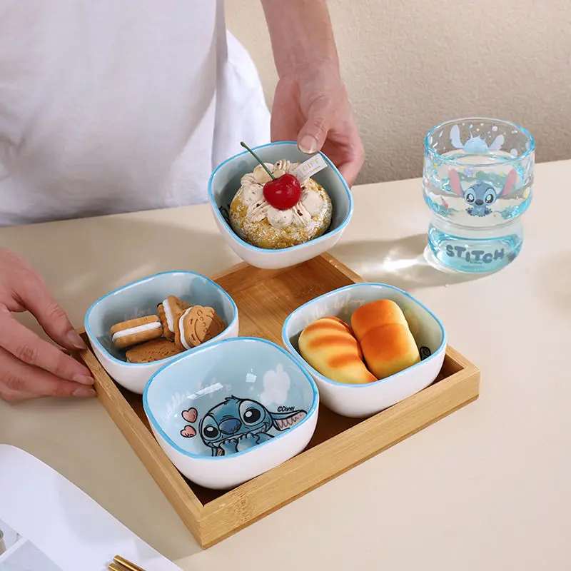 ديزني غرزة مربع وجبة خفيفة طبق أدوات المائدة أنيمي شخصية الخبز ديم سوم طبق غرفة الطعام المنزلية عالية الجمال غمس أدوات المائدة