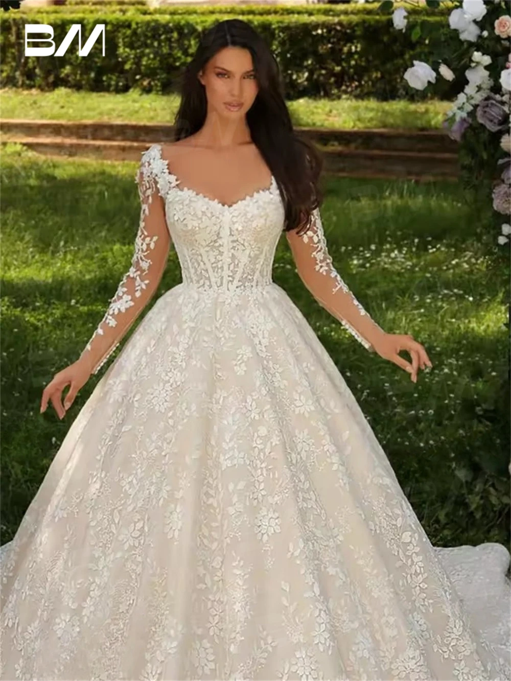 Vestidos de casamento linha a de renda doce para mulheres 2025, vestido de noiva personalizado com mangas de ilusão completa, vestido de noiva com cauda de corte