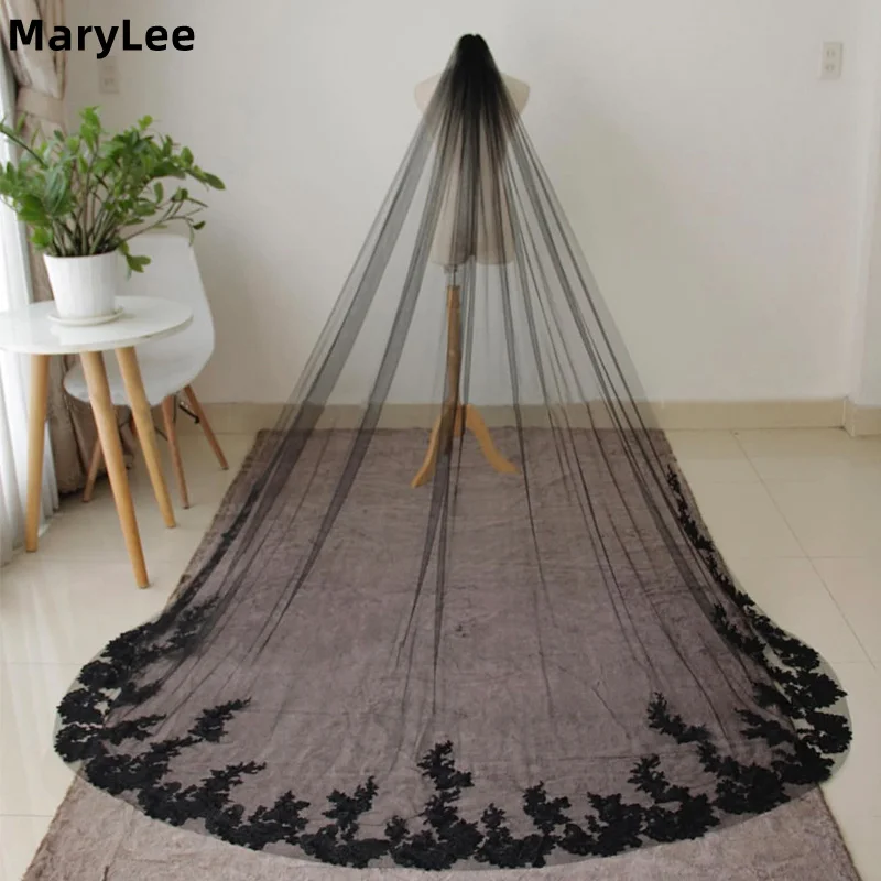 

Индивидуальная черная свадебная фата с кружевными аппликациями, 1 слой, из мягкого тюля, в готическом стиле, аксессуар для невесты, 3м*1.5м