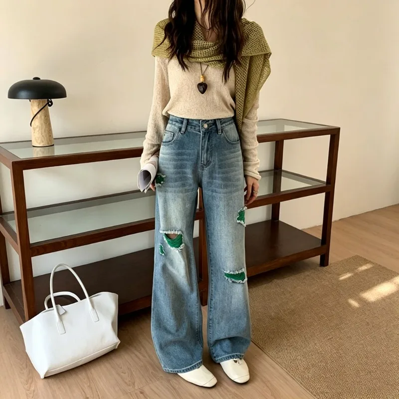 Women Fashion Versatile Blue Ripped Jeans High Waist Draped Vintage Washed Loose Straight Wide Leg Casual Denim Trousers