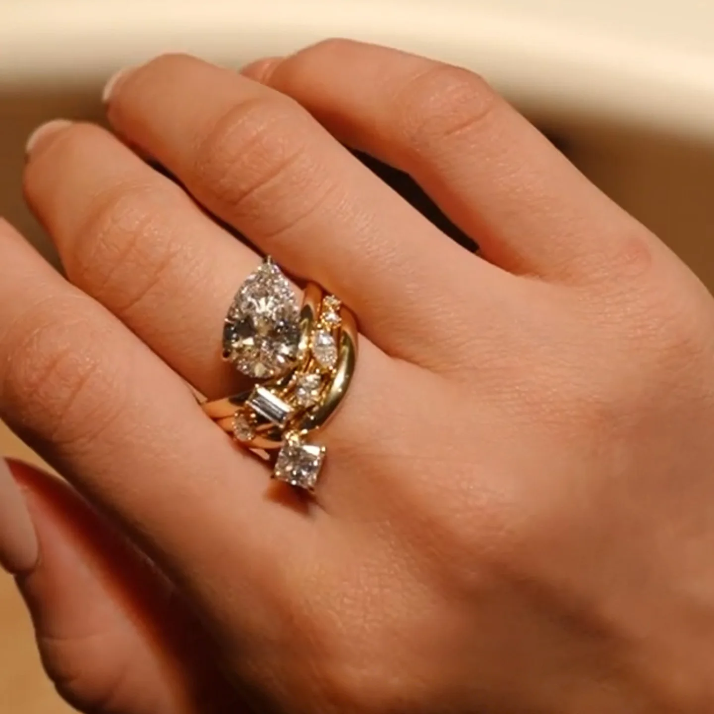 

Creative Design Sparkling Inlaid Water drop Diamonds rings for women Stacked Style Fashion 3-Piece Set Ring Adjustable Jewelry