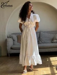 Oymimi Elegant White Cotton Womens Dresses Fashion Short Sleeve V-Neck Lace-Up Dresses Summer Loose Ankle-Length Dress Female