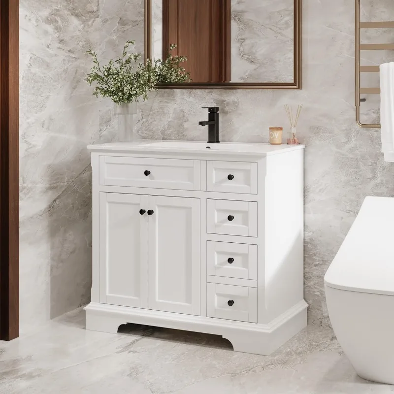 casa. Vanity da bagno da 36" con lavabo combinato, mobiletto portaoggetti da bagno vintage con superficie dipinta, piedini ad arco rialzati,