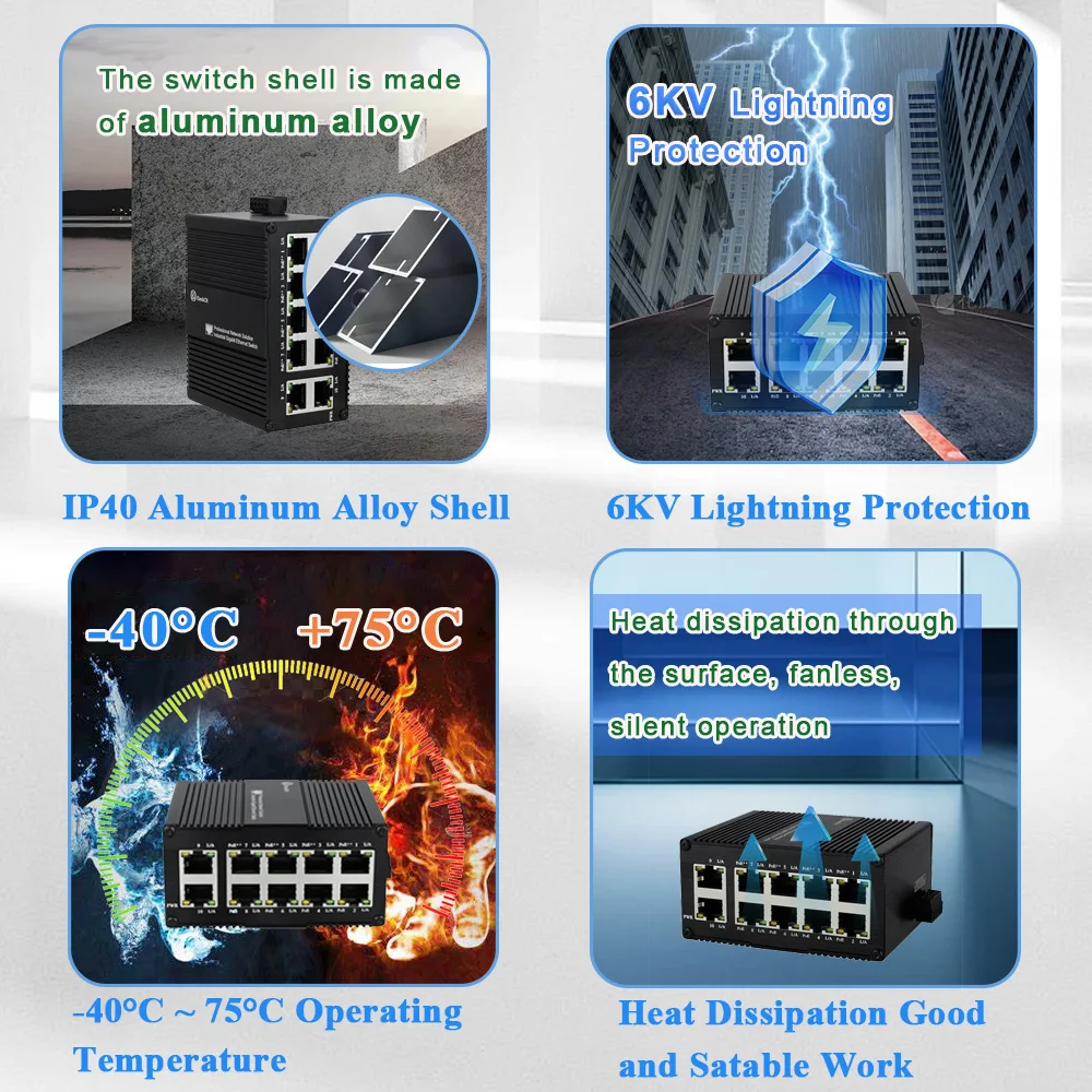 미니 산업용 이더넷 스위치, Din 레일 마운트 기가비트 (PoE) 스위치, 10 포트 RJ45 네트워크 스위치, IEEE 802.3af/at/bt