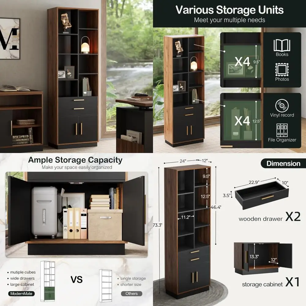 خزائن كتب خشبية حديثة بأدراج وأبواب، طويلة 73.3، 8 تخزين مكعبات، رف كتب منزلي للتنظيم #1