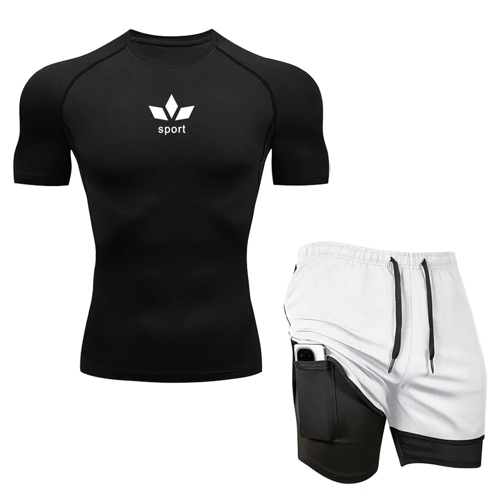 

Мужские двухслойные спортивные шорты и компрессионная футболка, спортивный костюм, летняя одежда для фитнеса и тренировок, быстросохнущая и дышащая.