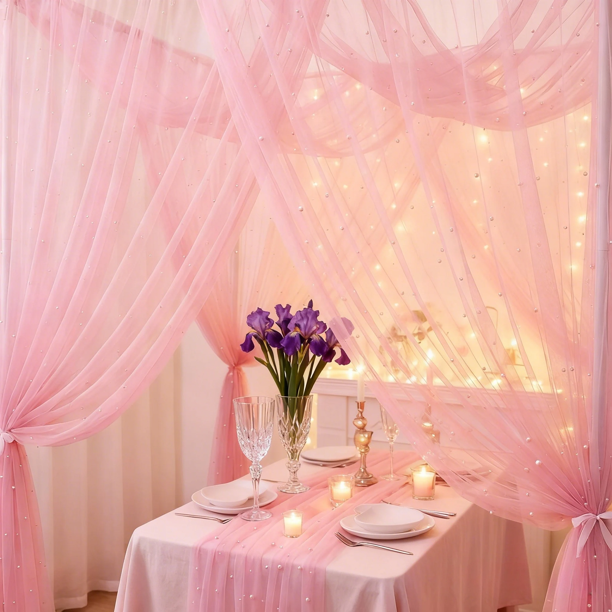 1 Stück, 5,24 Fuß lange, an einer Stange montierte rosa Perlentüll-Drapierung, geeignet für Hochzeitsbögen, Cyclorama-Hintergründe, Weihnachten und Valentinstag – Detail 2