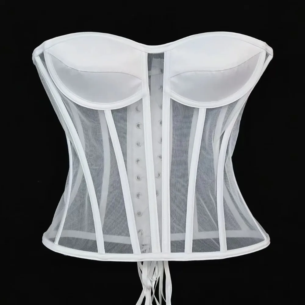 Women Corset Bustier With Bra Transparent Mesh Bodices For Wedding Body Shaper Slimm Waist Lace Up Boned Strapless Tube Tops view 6