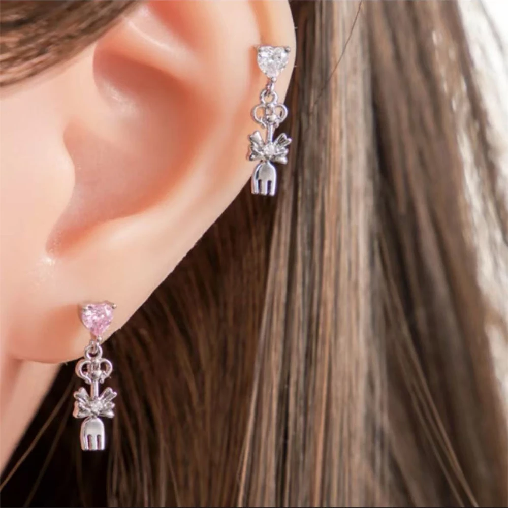 1PCS Sweet Heart Fork Spoon Ear Bone Nail 316L Stainless Steel Bling Zircon Earrings For Women Cartilage Piercing Accessories