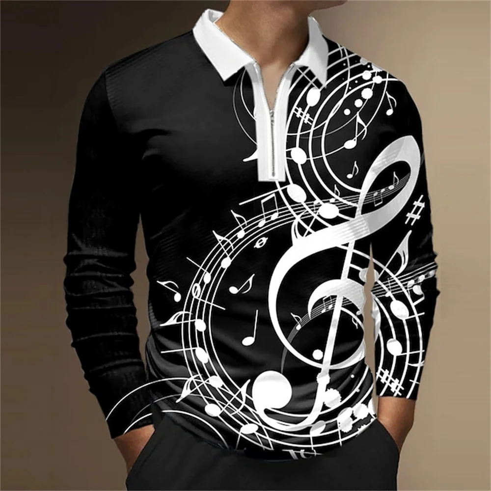 Summer Men Long Sleeve Polo Shirt 3D Printed Music Notes Graphic Funny Polo Shirts Oversize Tops Tees Designer Outfit Clothing