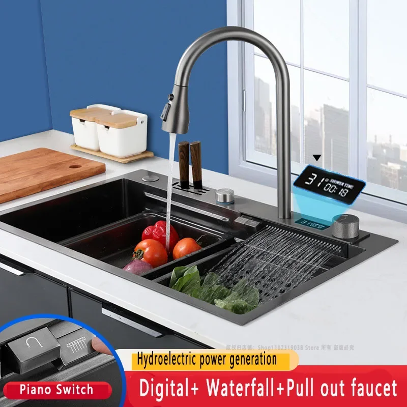 Digital Kitchen Sink Nanometer Gun Metal Stainless Steel 304 Sinks Waterfall with Pull Out Faucet Washing Table Accessory Iron