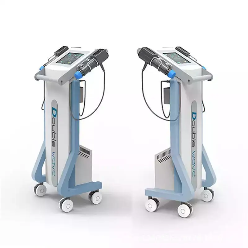 Instrumento de fisioterapia para rehabilitación del dolor con ondas de choque electromagnéticas verticales de doble cabezal y ondas de choque neumáticas.