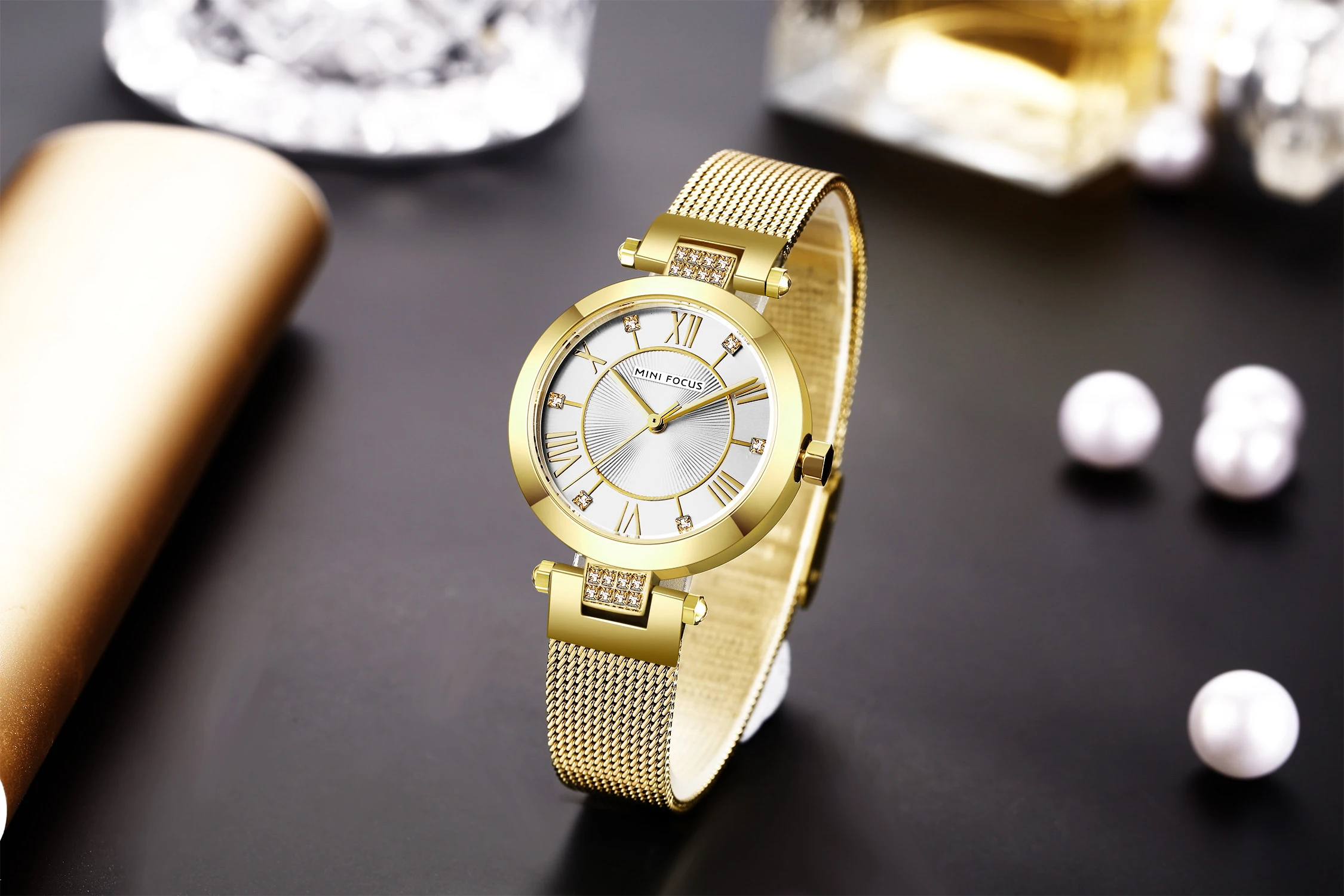 MMINI FOCUS MF0215L женские роскошные кварцевые часы с бриллиантами, весы, водонепроницаемые, с золотой сеткой, ремешок из нержавеющей стали, женские наручные часы