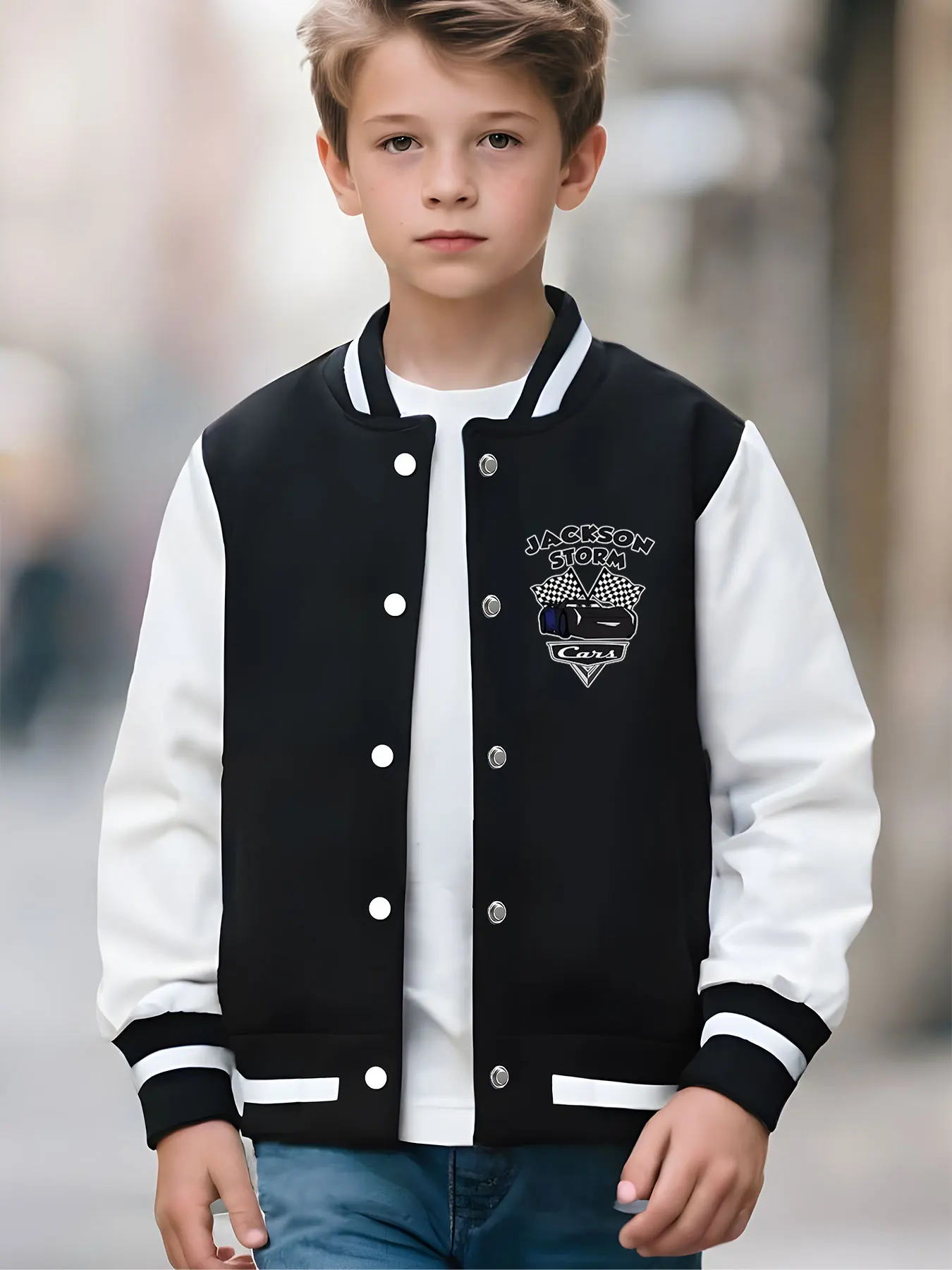 MINISO Disney Cars Black Storm Jackson children's baseball jacket - Black Storm Jackson racing image, hardcore eye-catching, sui