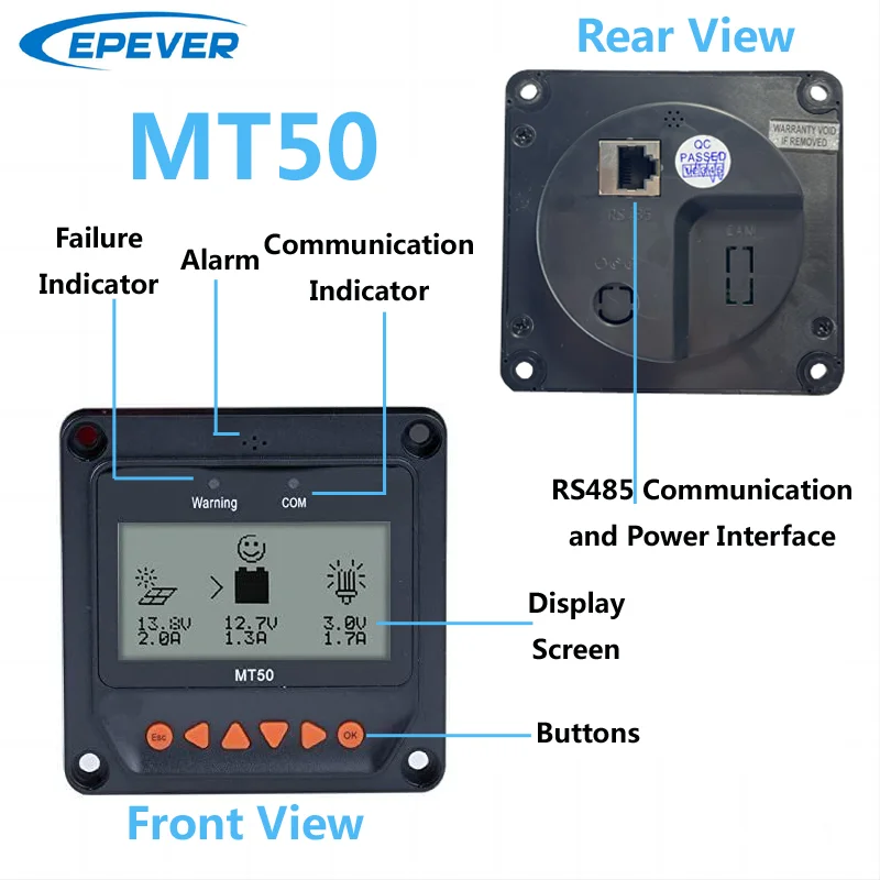 EPEVER MT50 Remote Meter Monitor and Set Data of Tracer-AN/BN TRIRON-N VS LS-B Series Solar Charge Controller LCD Display