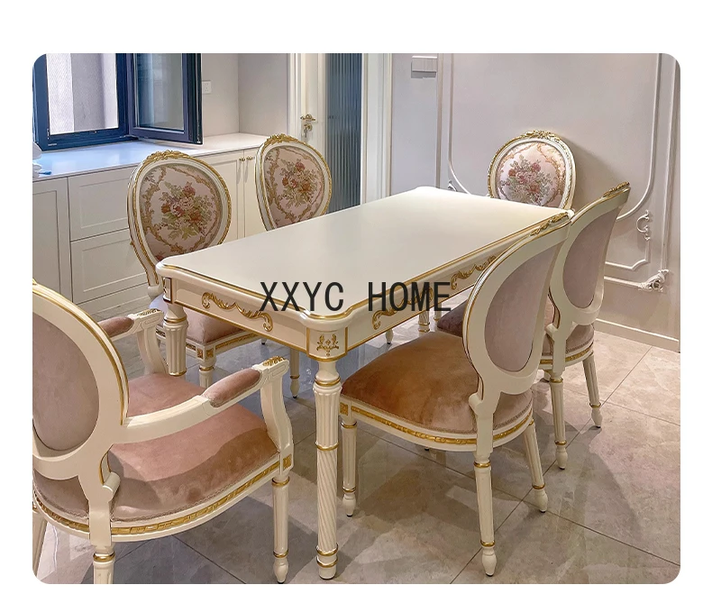 French-Style Solid Wood Carving Household Dining Tables and Chairs Set Vintage Engraving Rectangular Table