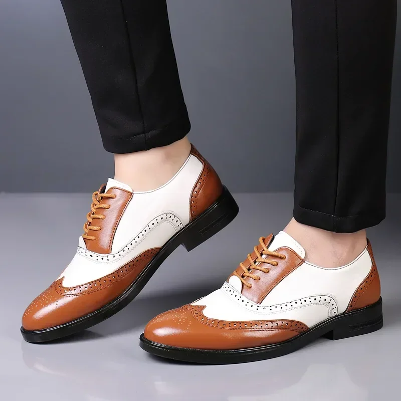 Classic brown white leather splicing men lace up casual shoes plus size comfortable business formal wedding dress shoes brogues