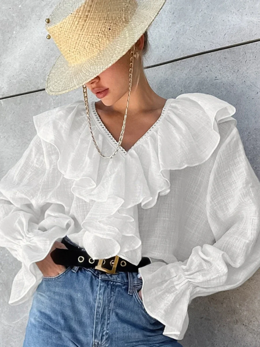 Bornladies 100% Cotton Flare Long Sleeves Lace Women's Shirt Autumn New Chic Ruffle Edge Loose Top Office Lady V-neck Shirt