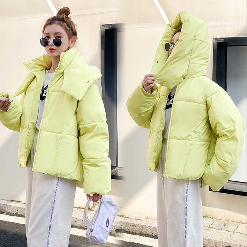 Elegant Solid Color Parkas For Women Fashion Fluffy Hooded Bread Clothing Button Zipper Casual Loose Mini Warm Slim Parkas Femme