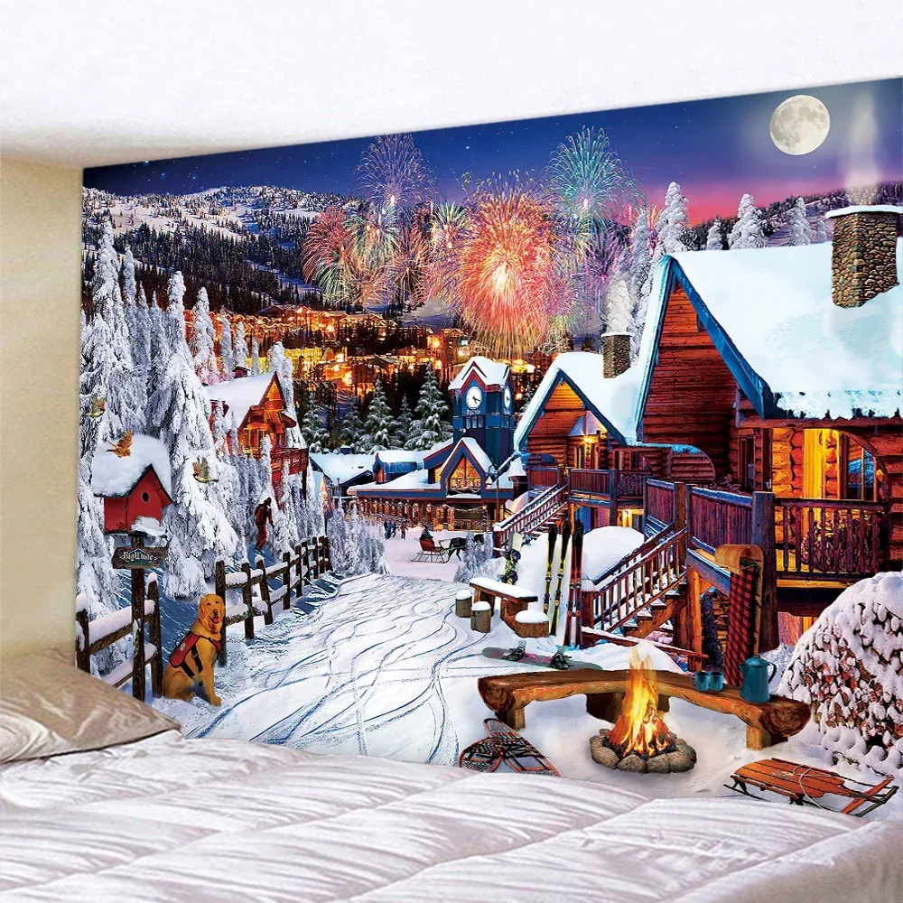 Christmas snow scene home decoration tapestry hippie bohemian decoration psychedelic scene wall hanging bedroom wall decoration