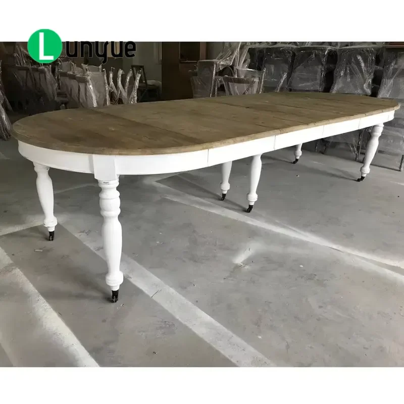 French Countryside White Legs Reclaimed Wood Extended Dining Table Rustic Farmhouse Kitchen Furniture Durable Solid Wood