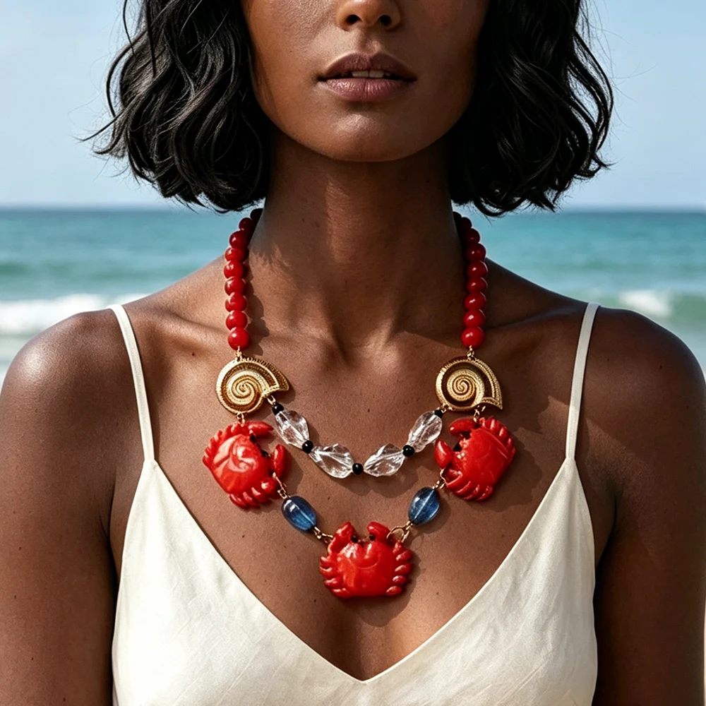 

2026 New Bohemian Handmade Beaded Conch Red Crab Pendant Necklaces for Women Fashion Jewelry Gifts
