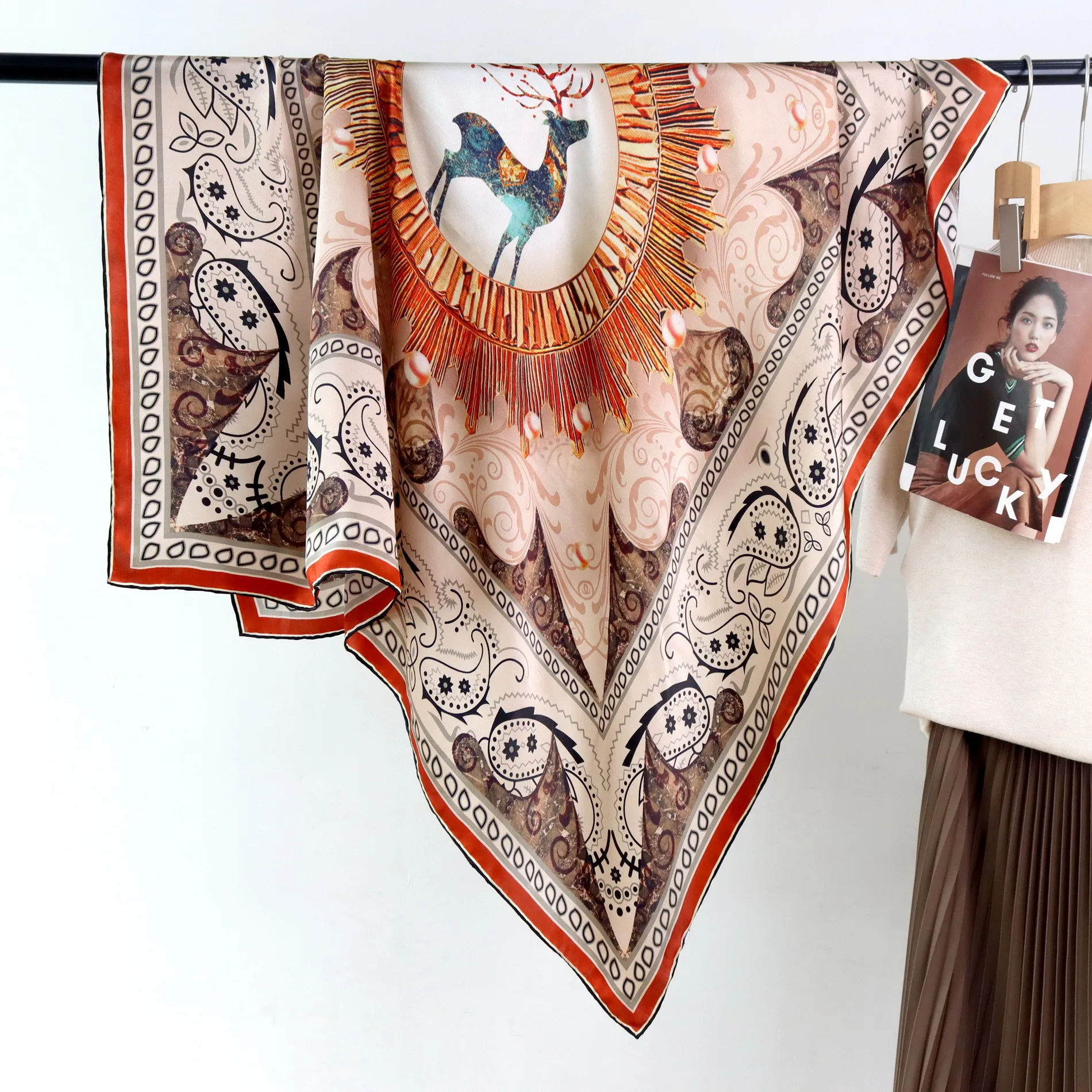 

High-end and Elegant Women Fine Dunhuang Mural Five-color Deer Print Quality Plain Satin Silk Hand-rolled Edge Big Scarf Shawl