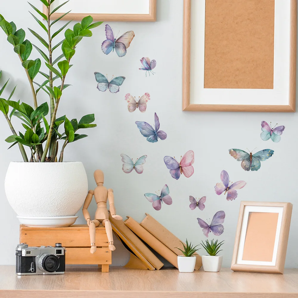 Aquarell Lila Schmetterling Wandtattoos, Abnehmbare Pastell-Schmetterlingsaufkleber, Verspielte Dekoration für Schlafzimmer Kinderzimmer Wohnzimmer