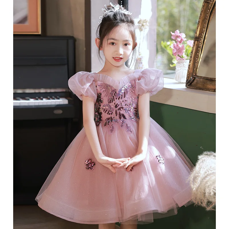 2024 luxury Girls V-neck Pink Flower Fairy Children Princess tutu Wedding Gown Kids Dresses baby infant Birthday Party Dress