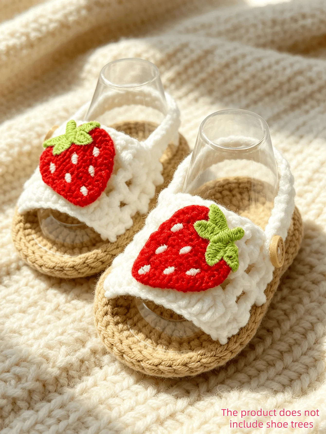 1 Pair Baby Girl Crochet Sandals with Strawberry Embroidery, White and Khiki, Knit Woven Sole