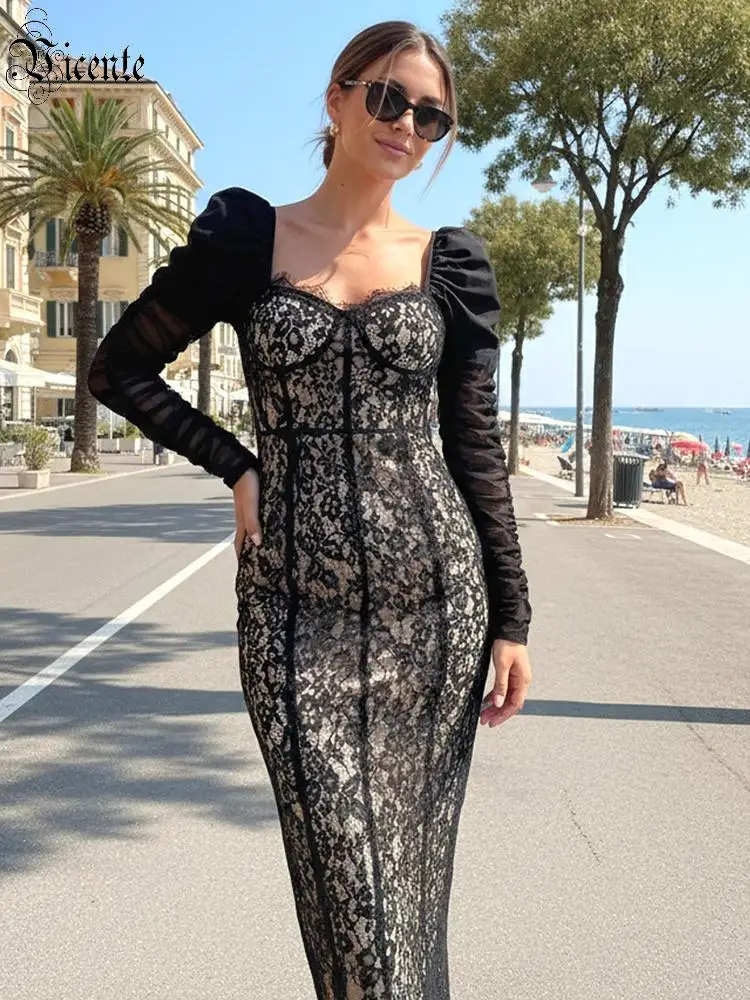 

VC Elegant Black Lace Long Sleeve Evening Dress for Women – Vintage Corset Bodycon Gown Mermaid Formal Party Dress