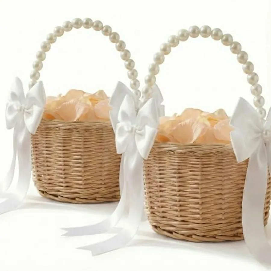 

Flower Girl Baskets with Pearl Handle and Ribbon Bow with 00 Petals for Wedding Decoration, Home, Outdoor Picnic, Rustic and Wo