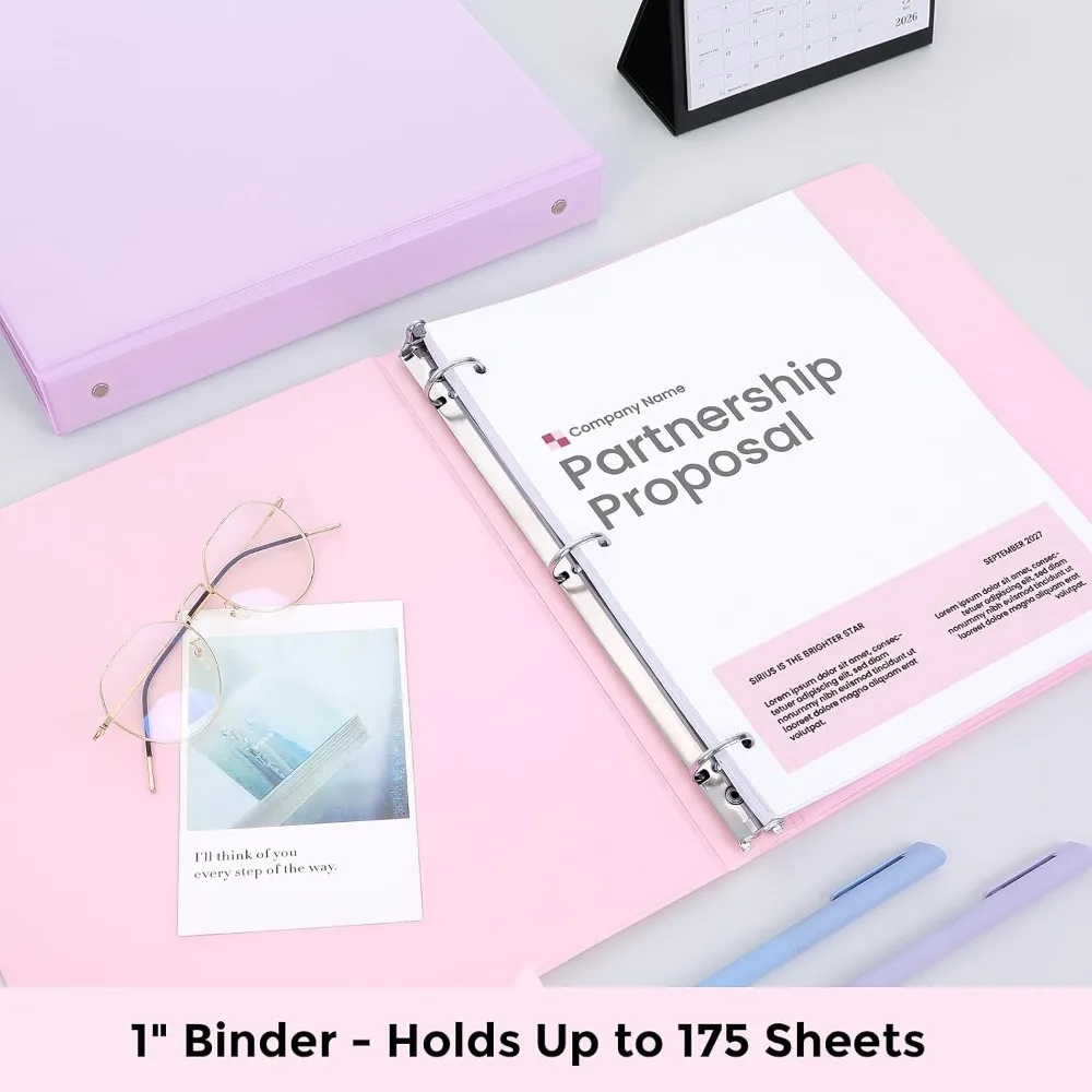 3 Ring Binder 2 Pack, 1 Inch Clear View Binders with 2 Interior Pockets, Round Ring Binder for Office & School Supplies, Pink and Purple view 3
