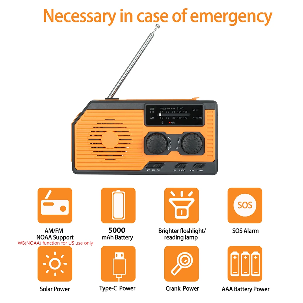 5000mAh Emergency Solar Power Bank Radio USB Charging Hand Crank Radio FM AM WB NOAA Weather Radio with LED Flashlight Outdoor