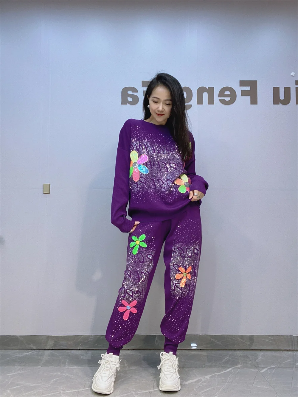 Flower Sequins Knitted Pencil Pants Sets Oversized 2 Pieces Women Outfits Y2k Clothes 2024 Autumn Casual Long Seleve Sweatershir