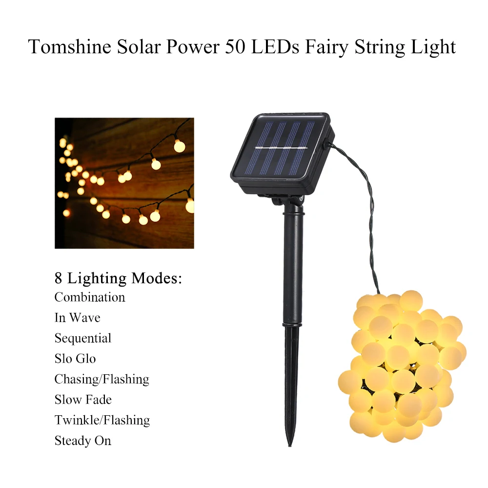 Tomshine Solar Powered 50 LEDs String Light IP44 Waterproof Hanging Fairy Lights House Decor Ball String Lamp for Holiday Party