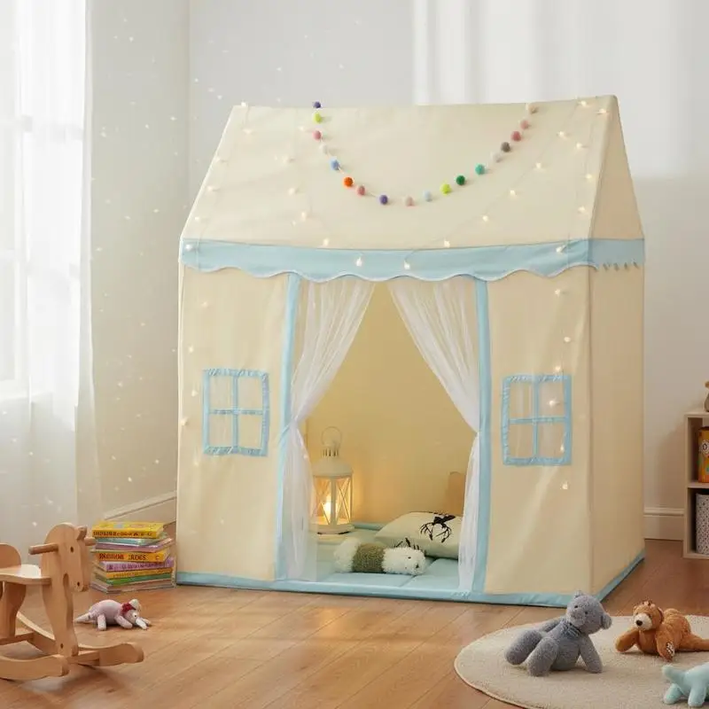 

Toddler Play House 47x41x54 Inches For Bedroom Living Room Backyard, Padded Mat Star Light String Window Design Breathable Cotton Canvas Material Beige Castle Tent