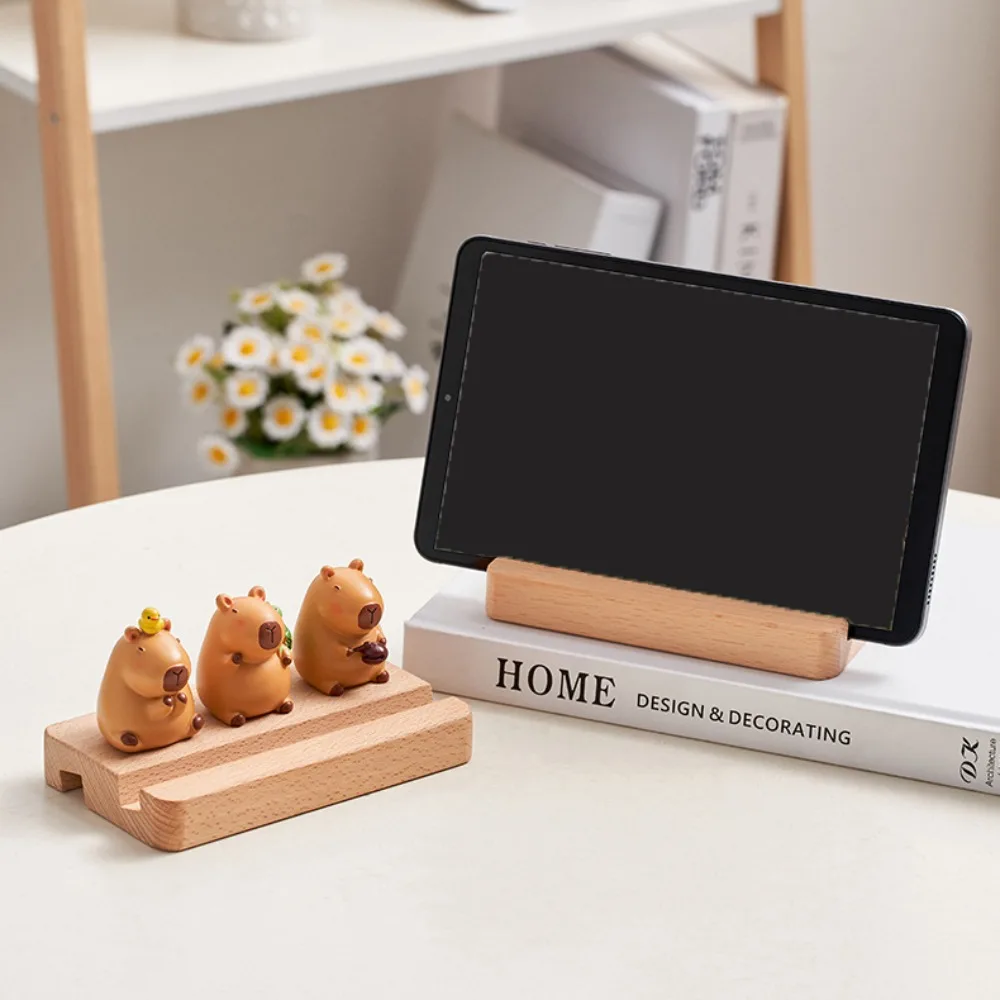 Figure Model Capybara Phone Holder Support PVC Doll Capybara Mobile Phone Stand Animal Wooden Capybara Cell Phone Bracket