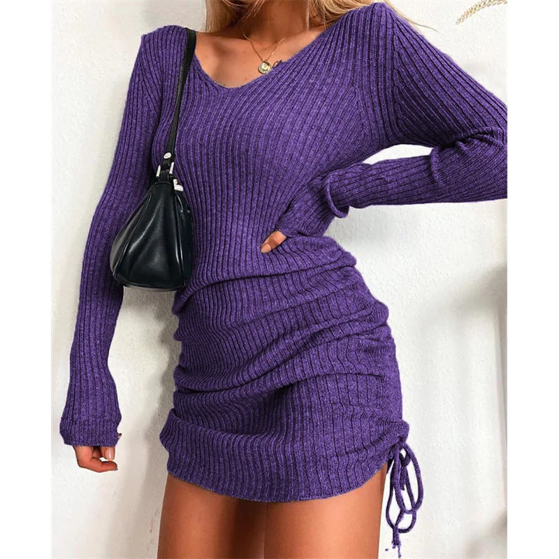 Knitted sweater V-neck long-sleeved women\'s autumn and winter sexy slim-fit ribbed skirt pleated drawstring bottoming skirt