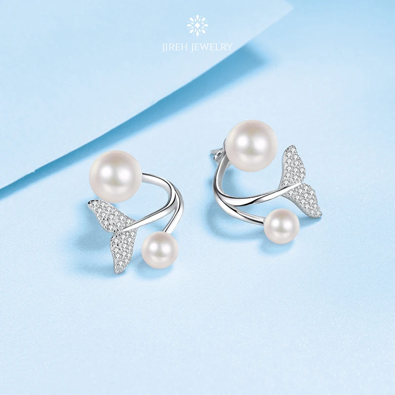 

0.24CT Moissanite Mermaid Ear Jacket Front Back Ear Cuffs Double Pearl Stud Earring Freshwater Cultured Pearl Earrings Studs