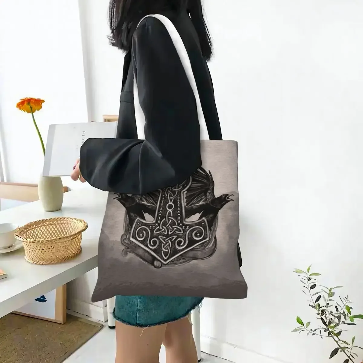 Women Men Mjolnir The Hammer Of Ravens Tote Bags Large Capacity Shopping Bag for Student Handbags