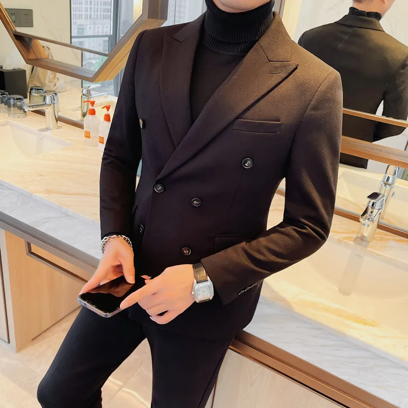 British Style New Double-breasted Blazer Jacket Men Clothing Business Formal Wear Slim Fit Casual Tuxedo Suit Coats High Quality