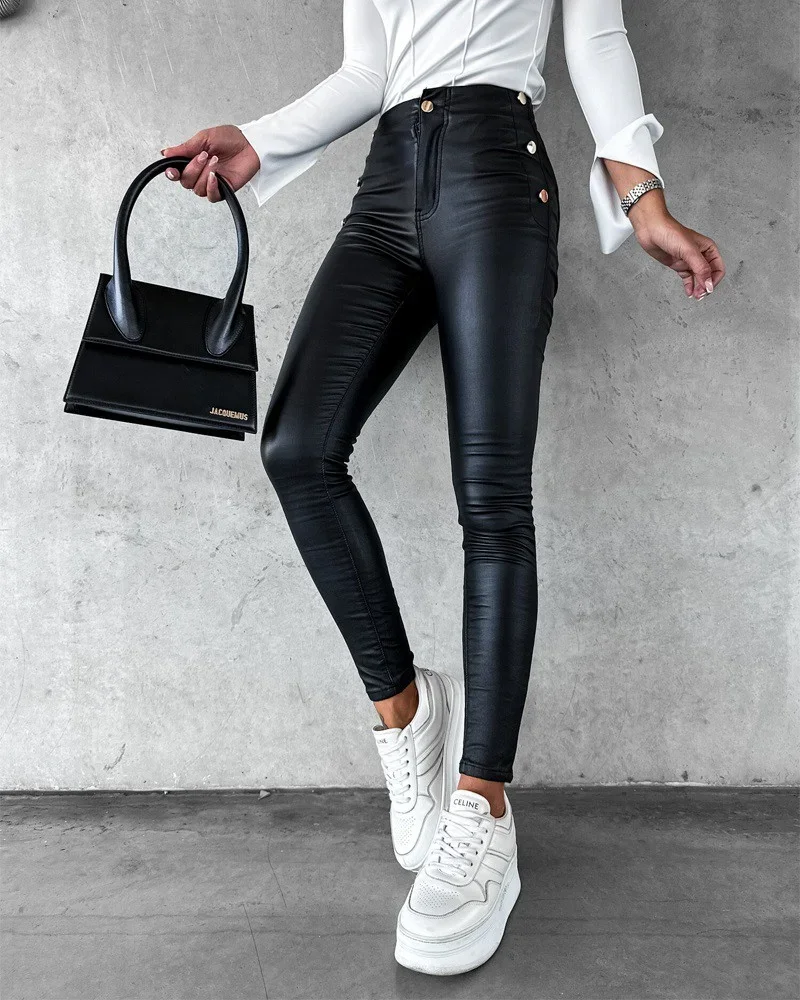 Women Pants 2024 Spring Autumn Casual Pu Leather Side Button Skinny Long Pants Fashion Basics Tight Trousers Female Street Wear